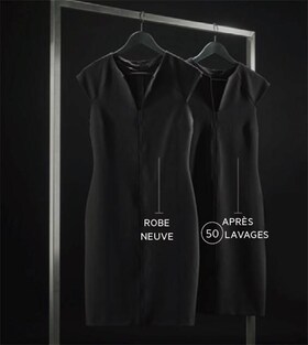 Une robe noire avant et après 30 lavages, aucune décoloration visible
