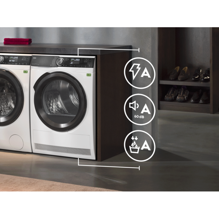 9000X series tumble dryer highlighting AAA benefits with A ratings for energy efficiency, low noise, and condensation control.